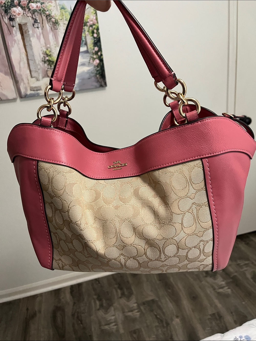 Coach Pink Leather-Trim Signature Canvas Shoulder Bag